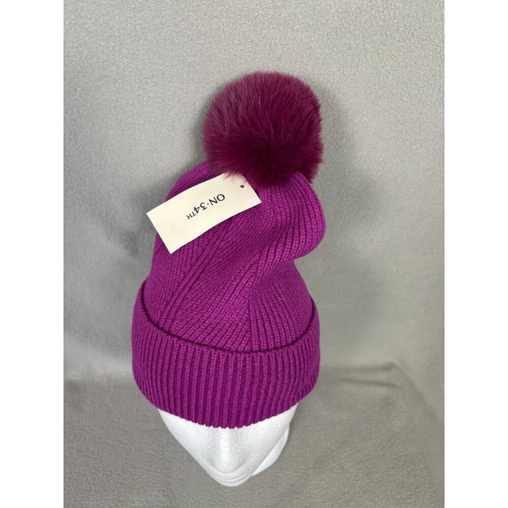On 34th Women's Multi-Stitch Faux-Fur Pom Pom Beanie Purple One Size NWT's